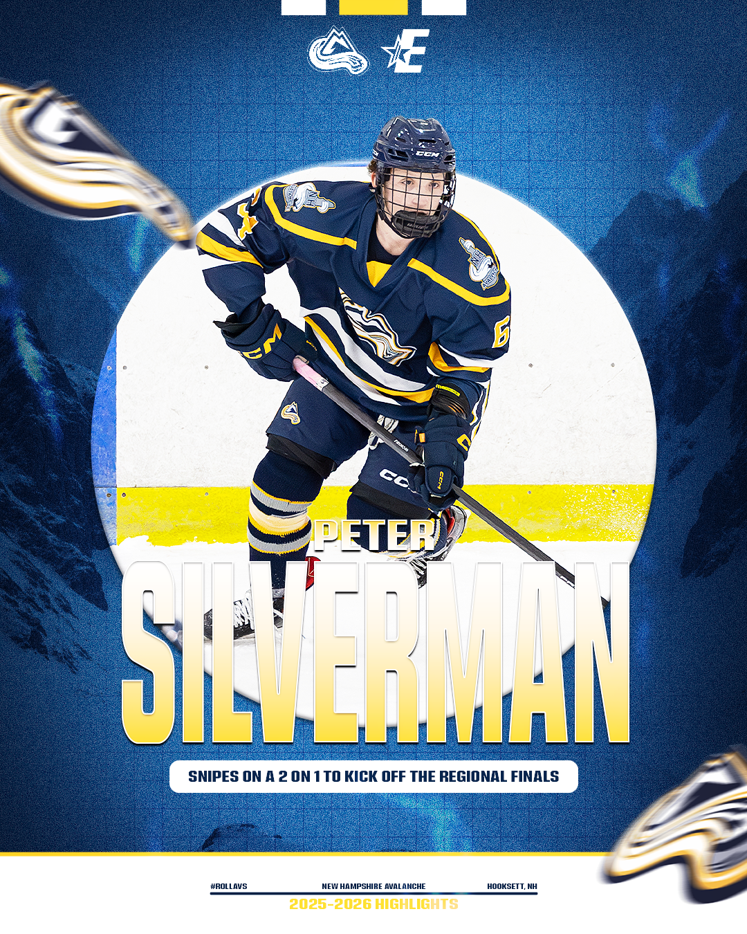 Hockey player in navy blue and yellow uniform with the number 6 on the sleeve, on ice with a hockey stick. Text overlay reads: 'Peter Silverman, Snipes on a 2 on 1 to kick off the regional finals. 2025-2026 Highlights.' Logo of New Hampshire Avalanche at the top.