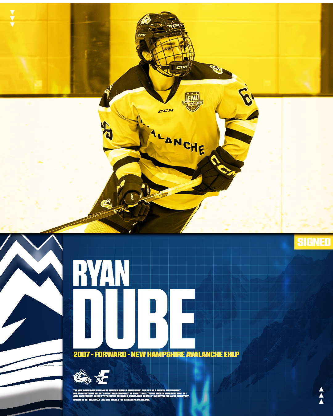 Hockey player in avalanche jersey on ice rink, holding a hockey stick, with a custom blue graphic overlay displaying the name Ryan Dube and details about his career.