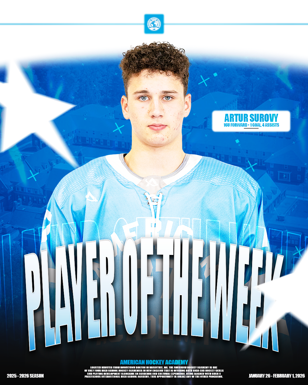 Poster of a young male hockey player named Artur Surowy in a light blue jersey, with text highlighting him as a 'Player of the Week' for the American Hockey Academy, with stats and season dates.