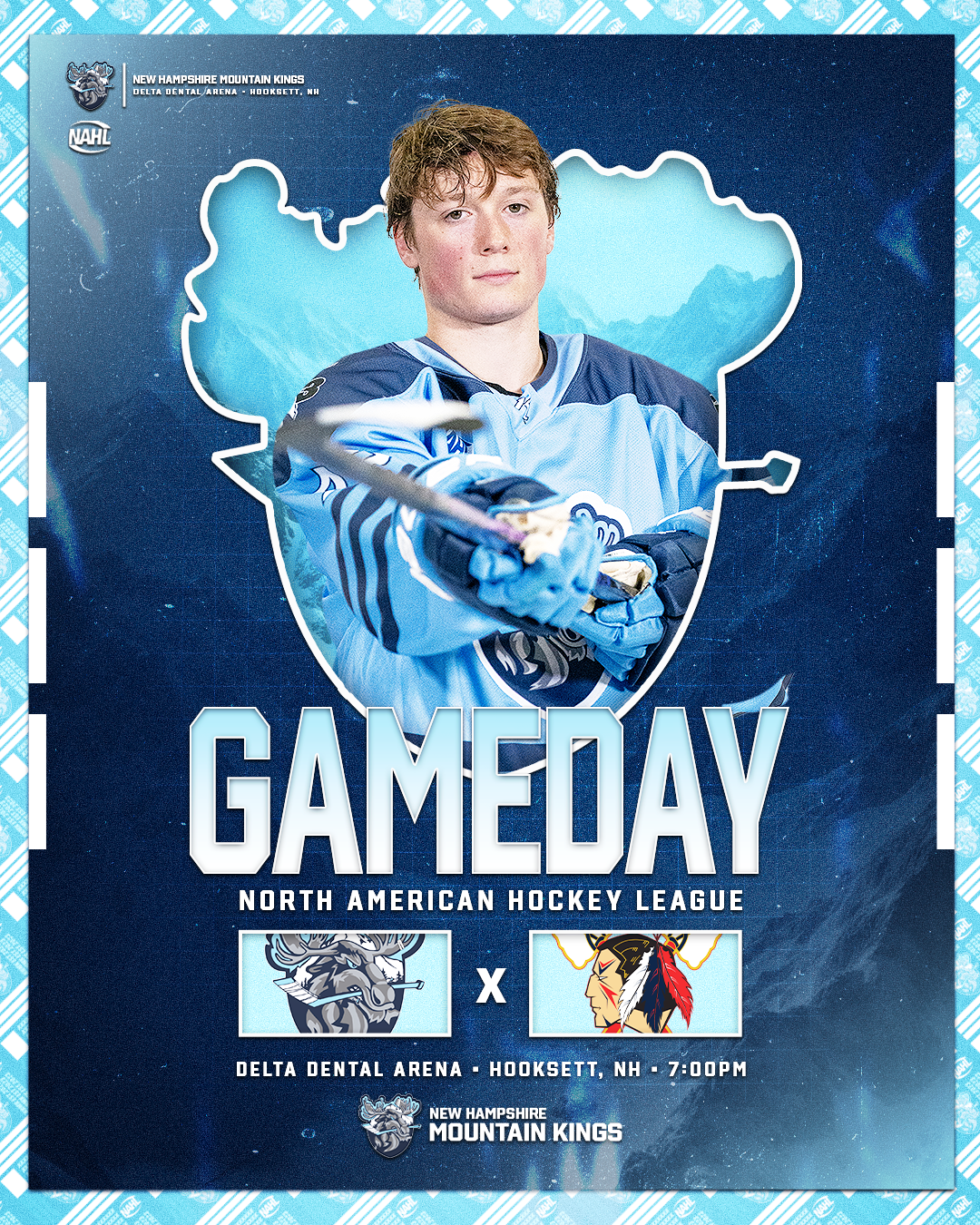 Promotional poster for a hockey game between the New Hampshire Mountain Kings and an opponent, scheduled at Delta Dental Arena in Hooksett, NH at 7:00 PM. The poster features a young hockey player in a blue jersey holding a hockey stick, with a mountain background and team logos.