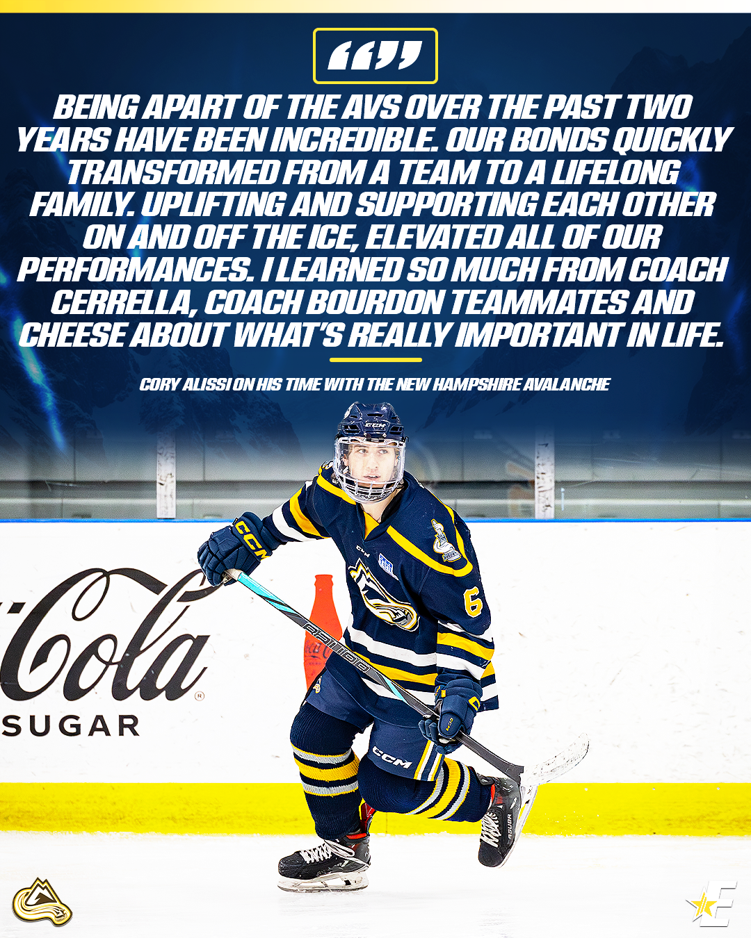 A hockey player on ice wearing a navy blue and yellow uniform, number 6, with a helmet, holding a hockey stick, skating on the ice rink.