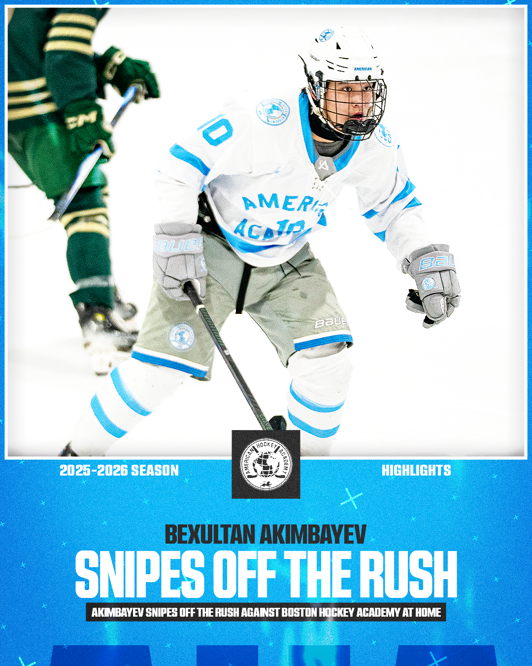 Hockey player in a white and blue jersey crouching on the ice during a game, with a competitor in green nearby. The image is a sports highlight graphic for the 2025-2026 season featuring Bexultan Akimbayev of American Hockey Academy.