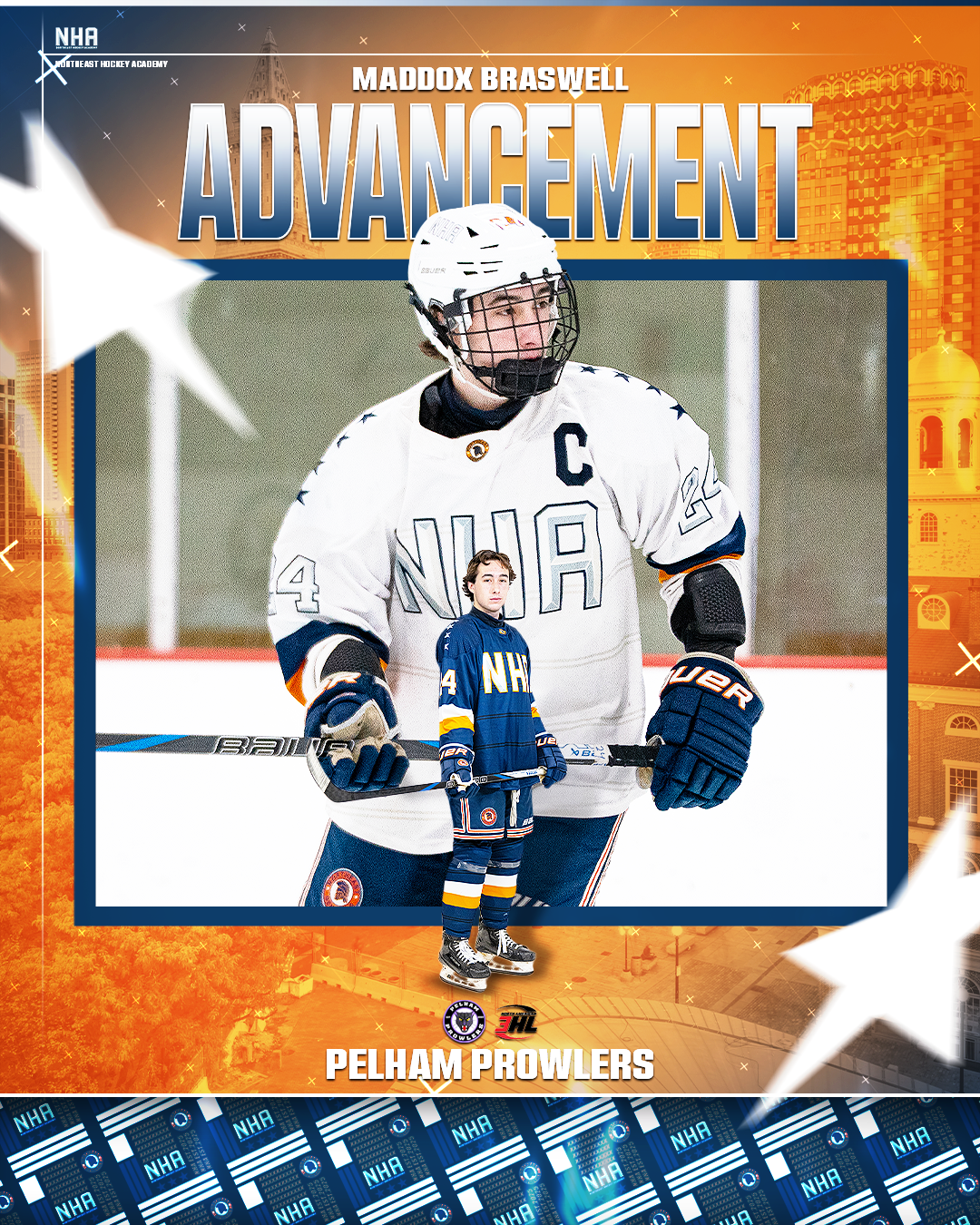 Poster for Maddox Braswell's advancement by the Pelham Prowlers hockey team, featuring a large hockey player wearing a white NHA jersey and a small digital portrayal of Braswell in a blue NJA jersey.