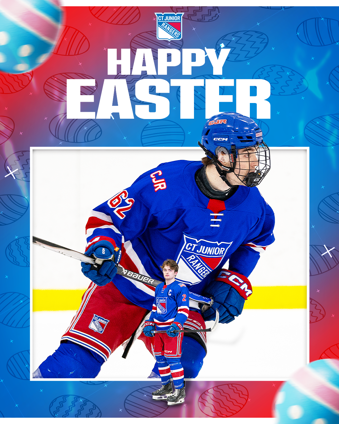 Easter-themed digital greeting for CT Junior Rangers with a hockey player in a blue and red jersey, including large bunny illustrations and colorful background elements.