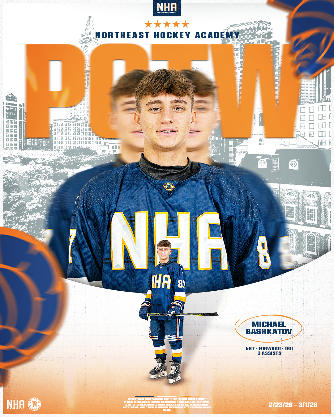 Promotional poster featuring a young male ice hockey player in a blue jersey with NHA logo, standing with a hockey stick, with a cityscape background and large orange letters spelling 'PEW'.
