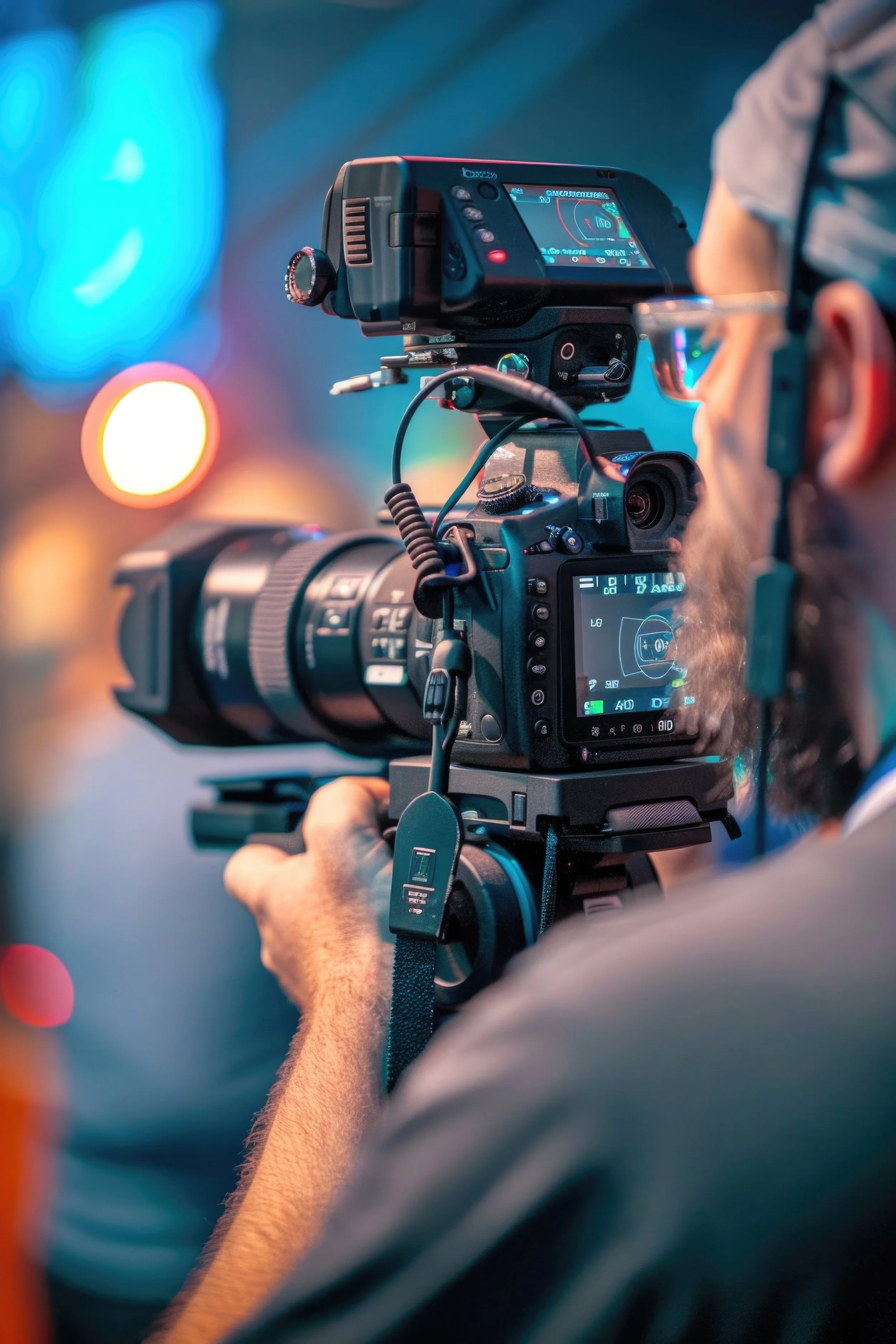 A person filming with a professional video camera in an outdoor setting during early evening or night, with neon signs and city lights in the blurry background.
