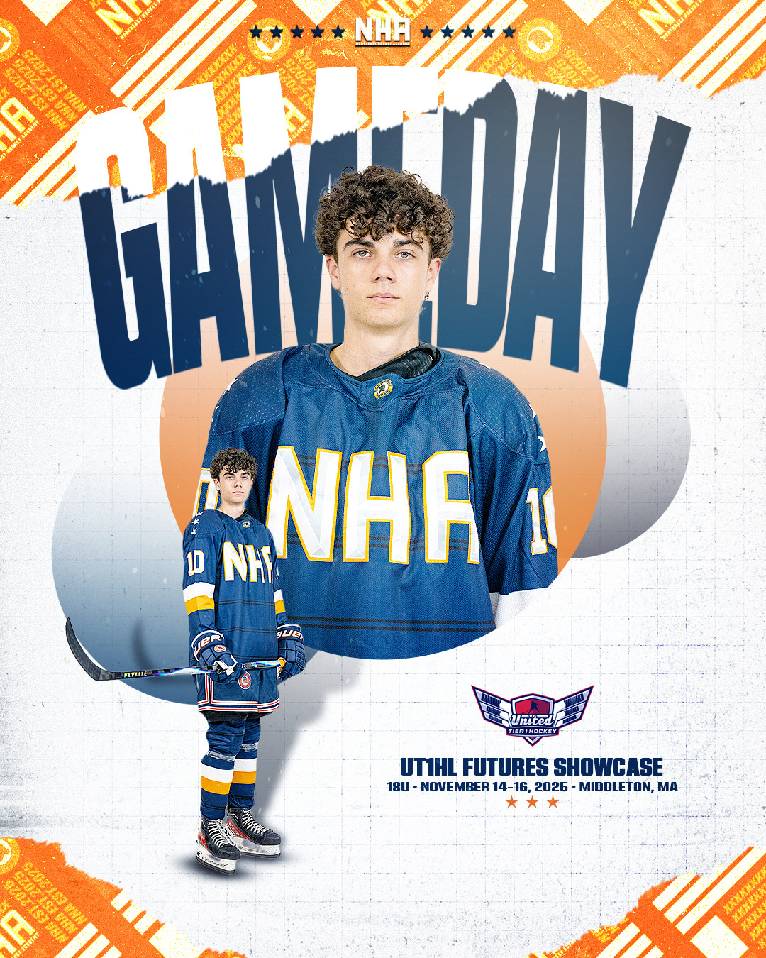 Promotional poster for a youth hockey showcase featuring a young male hockey player in team uniform with the text 'GAMING DAY' and details for the event in Middleton, MA from November 14 to 16, 2025.