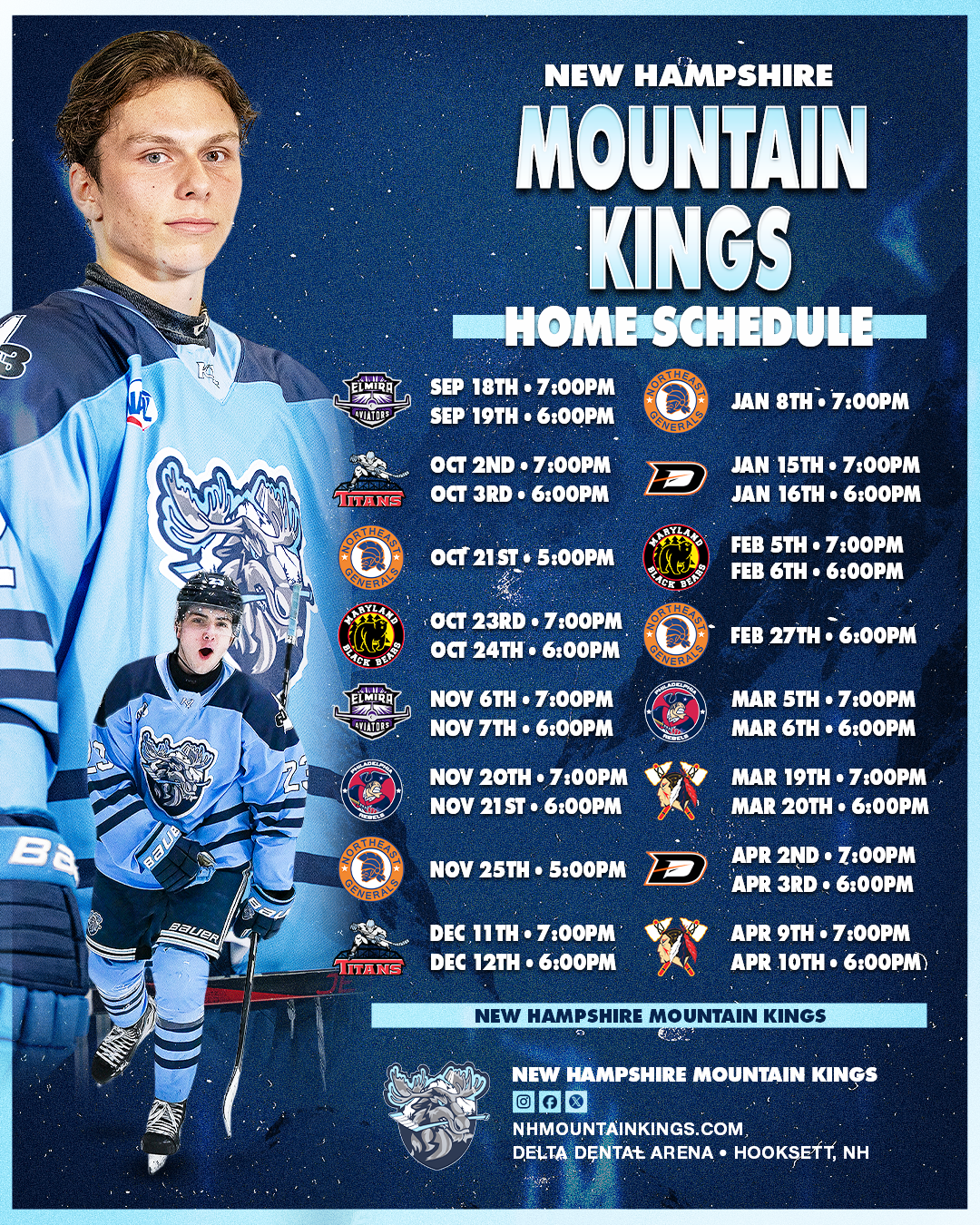 Schedule of home games for the New Hampshire Mountain Kings hockey team with dates, times, and team logos, featuring players in team uniforms, a logo of the team, and the Delta Dental Arena in Hooksett, New Hampshire.
