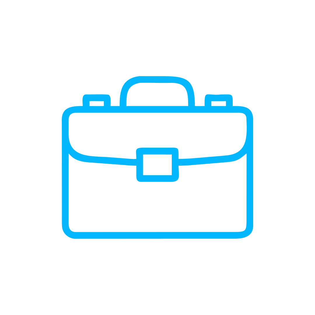 Outline of a blue briefcase icon on a black background.