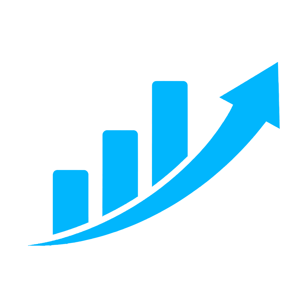 Blue bar chart with four bars increasing in height and an upward arrow suggesting growth or progress