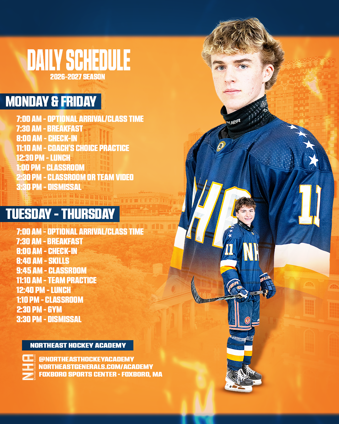 Northeast Hockey Academy daily schedule for the 2026-2027 season, with practice times from Monday to Thursday, including optional arrival, breakfast, check-in, skills, classroom, team practice, lunch, gym, and dismissal, all set against an orange background with images of a young hockey player in blue uniform, hockey gear, and skate, with a cityscape in the background.
