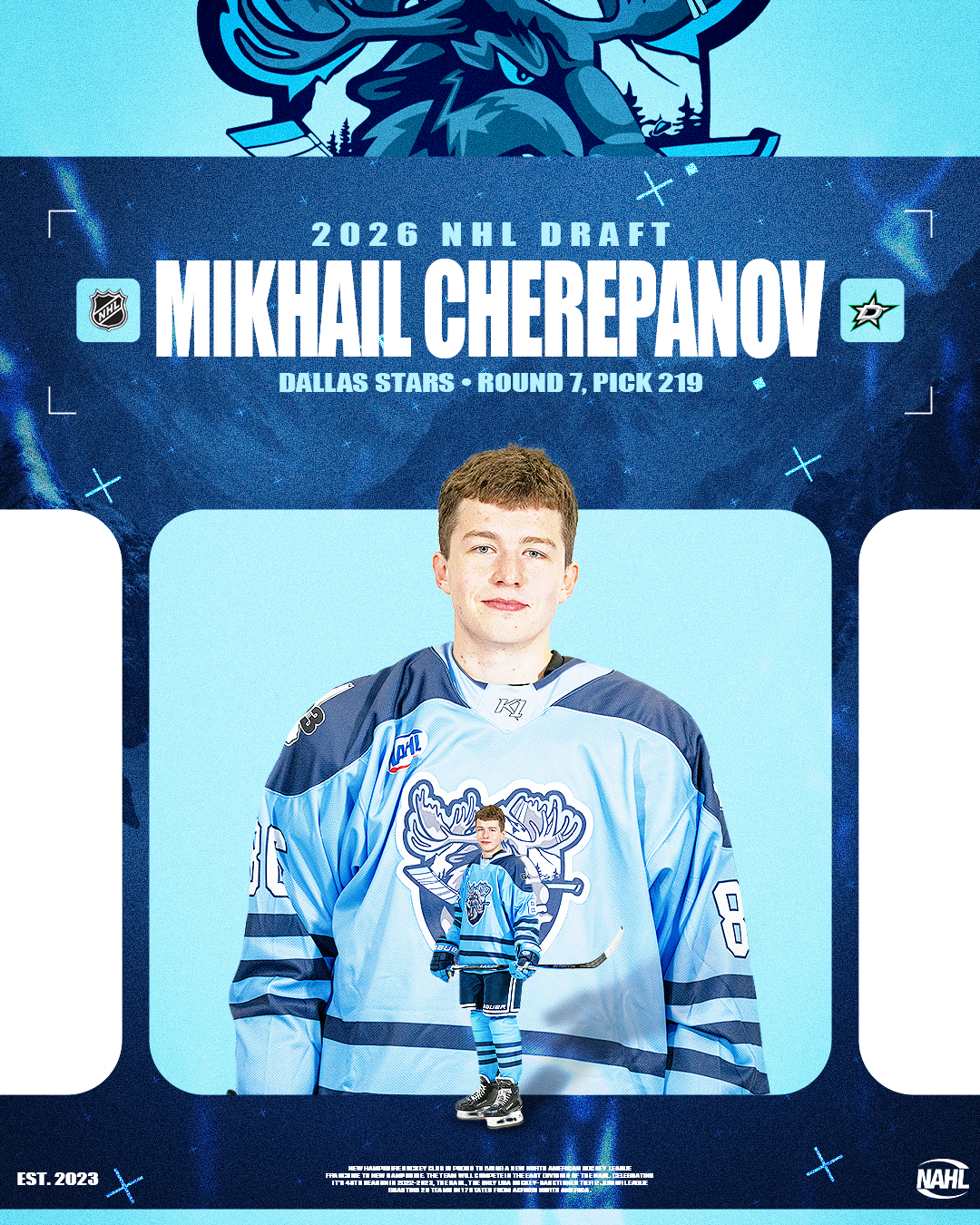 Draft announcement poster for Mikhail Cherepanov, a hockey player selected in the 2026 NHL Draft, Dallas Stars, Round 7, Pick 219. The poster features a large photo of the player in a hockey jersey and a smaller image of him on ice in full uniform, set against a blue and starry background.