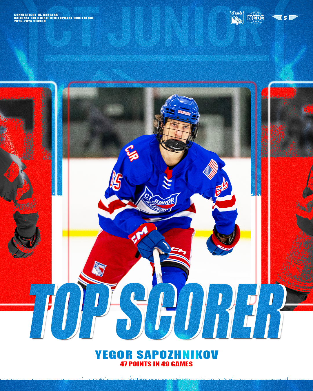 Young hockey player in blue and red uniform on ice rink, holding hockey stick, celebrating after scoring, with the text "Top Scorer" and details about Yegor Sapozhnikov's points and games.