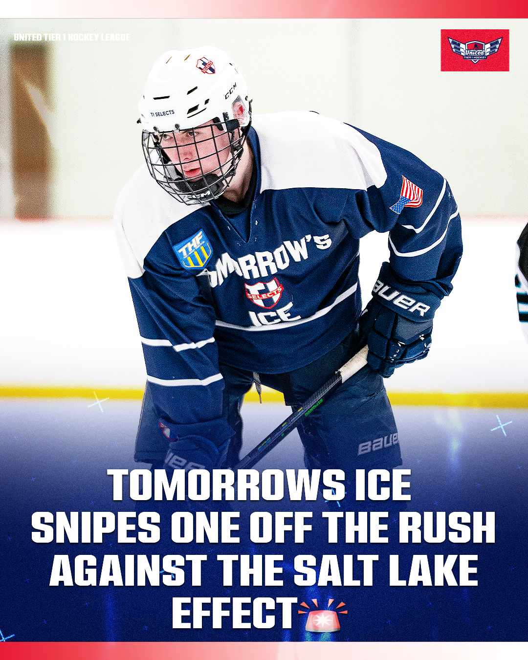 A hockey player wearing a blue and white jersey with the words 'TOMORROW'S ICE' and an American flag patch on the sleeve, a white helmet, and holding a hockey stick, on an ice rink. The text overlay reads: 'TOMORROW'S ICE SNIPE ONE OFF THE RUSH AGAINST THE SALT LAKE EFFECT'.