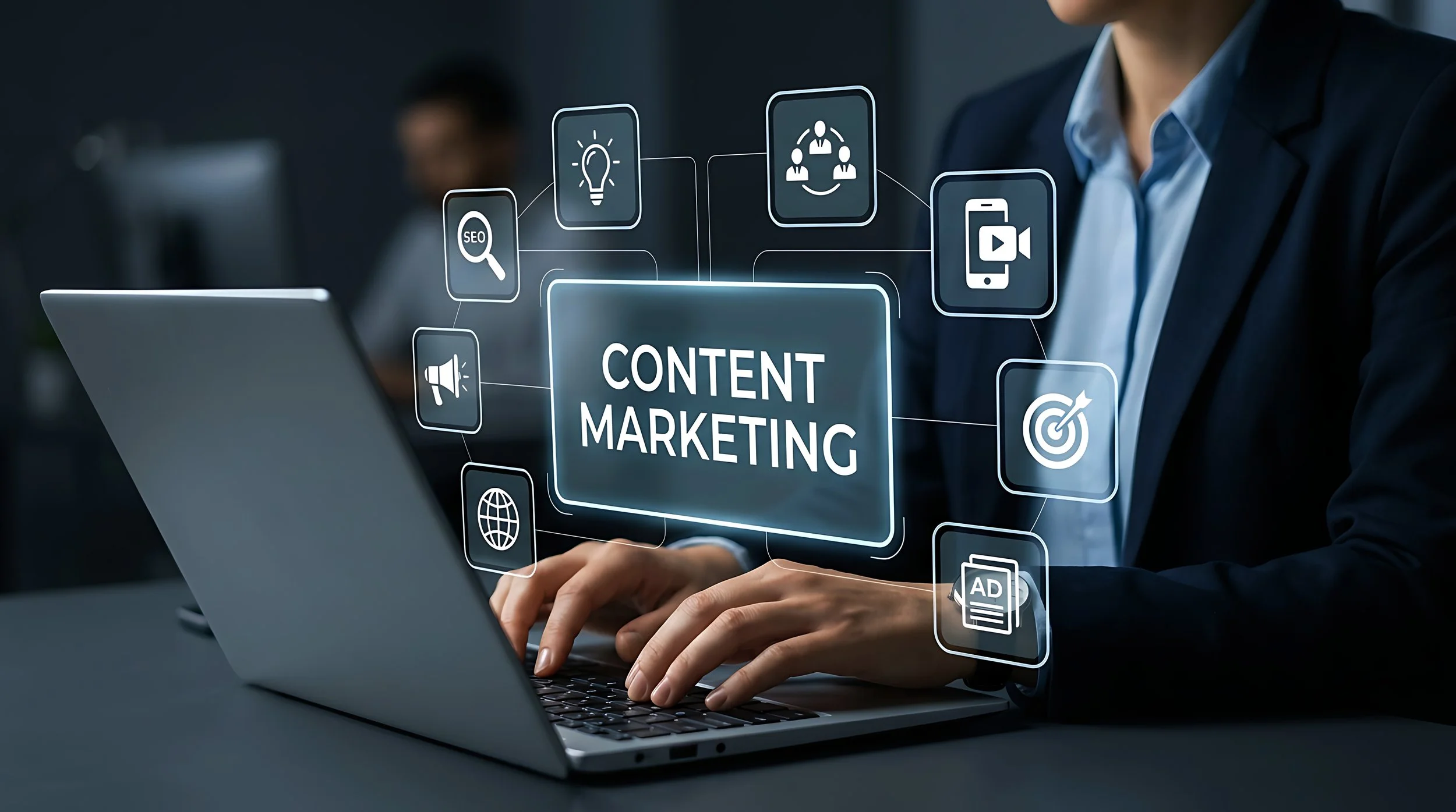 Business professional using laptop with digital overlay of content marketing icons including SEO, lightbulb, team, video, globe, ad, and target.
