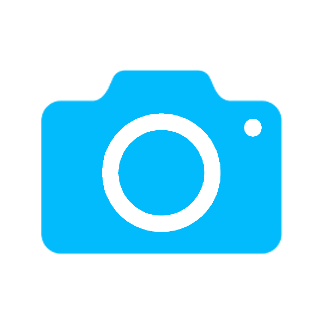 Icon of a blue camera with a black lens and a small black circle at the top right corner.