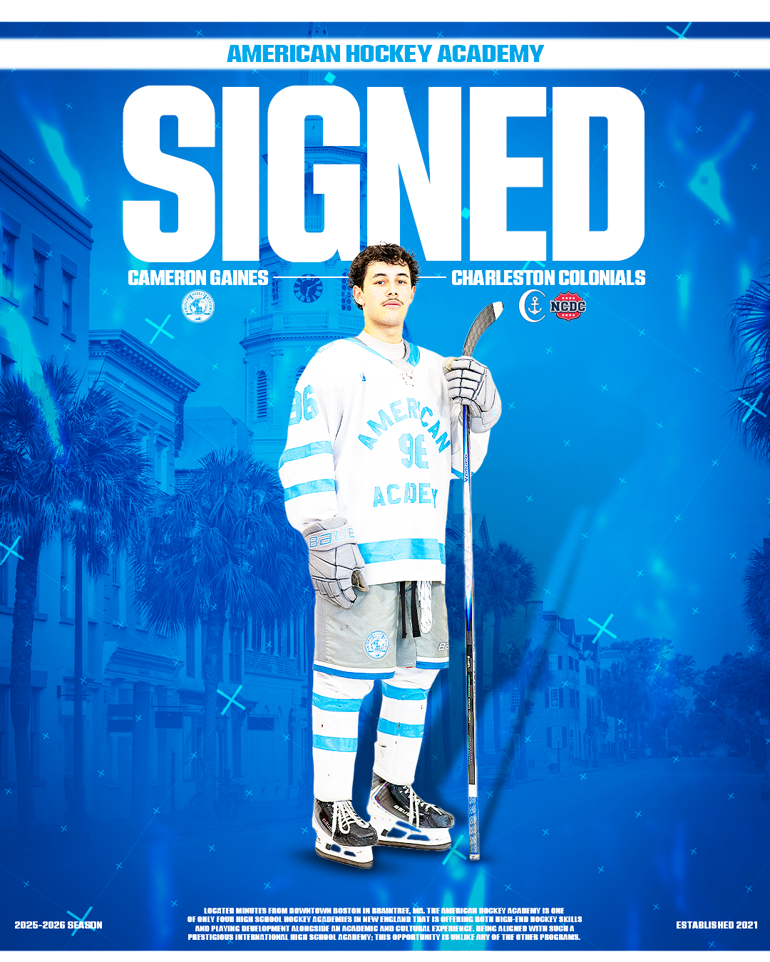 Poster for American Hockey Academy featuring a young male hockey player in a white and blue jersey, holding a hockey stick, standing in front of a cityscape with palm trees.