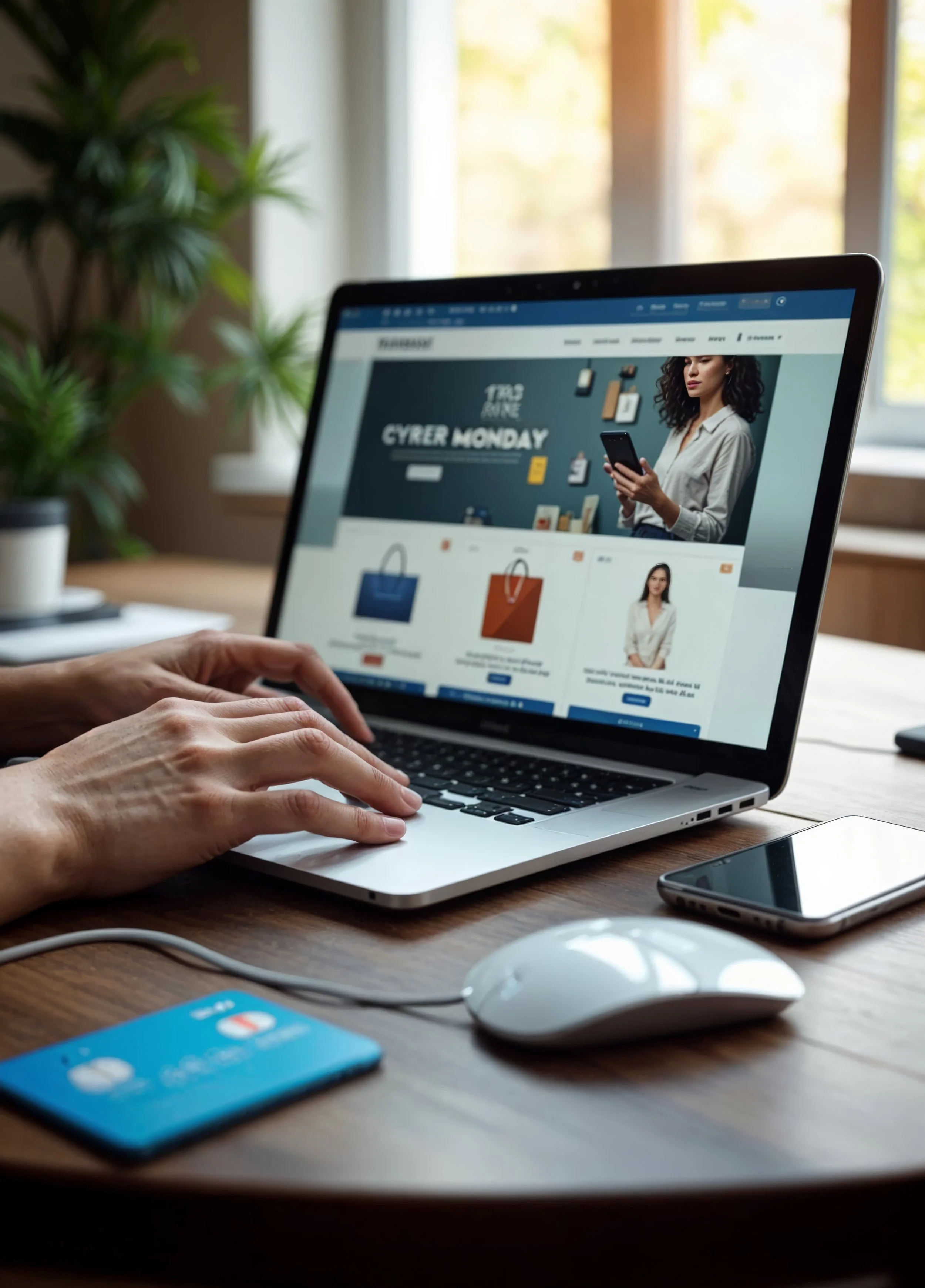 A person using a laptop with a website open, showing shopping items and a model, on a desk with a smartphone, mouse, and credit card nearby, in a well-lit room with a plant and a window in the background.