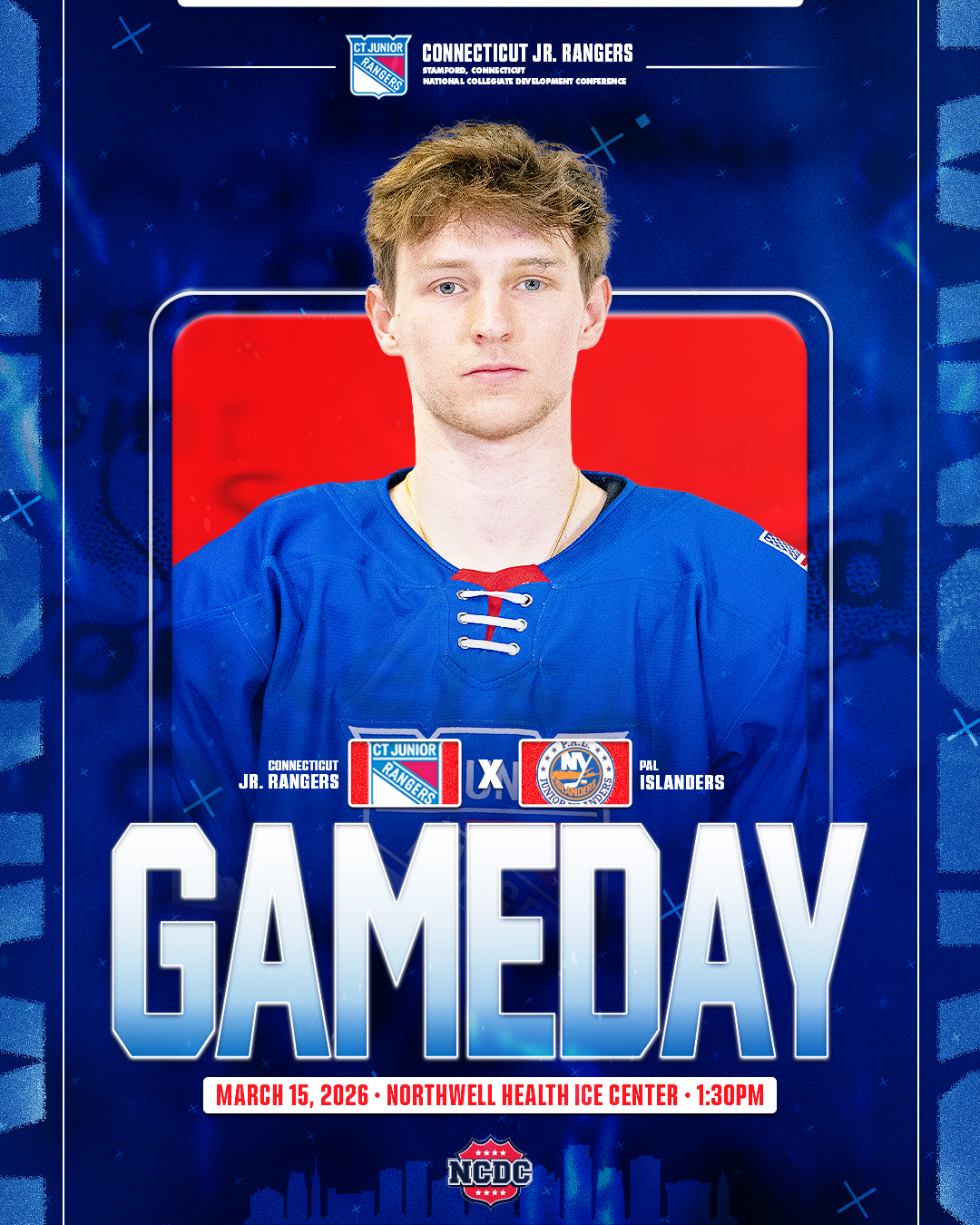 Promotional poster for a hockey game featuring a young man wearing a blue hockey jersey. The game is between Connecticut Jr. Rangers and New York Islanders, scheduled for March 15, 2026, at Northwell Health Ice Center at 1:30 PM. The poster includes team logos and event details.