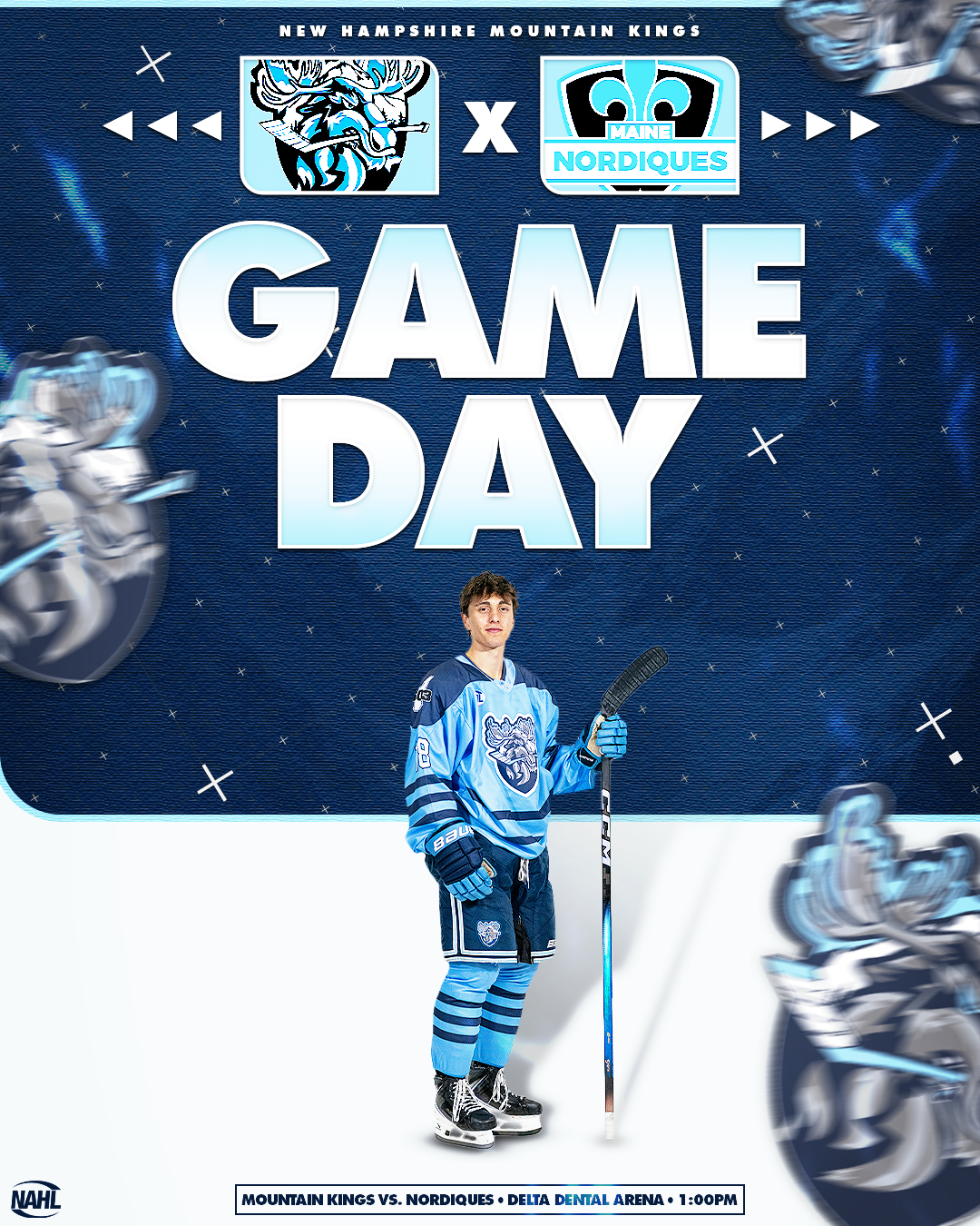 Promotion for a New Hampshire Mountain Kings hockey game against the Maine Nordiques at Delta Dental Arena with a player in hockey gear standing on ice, schedule time 1:00 PM.