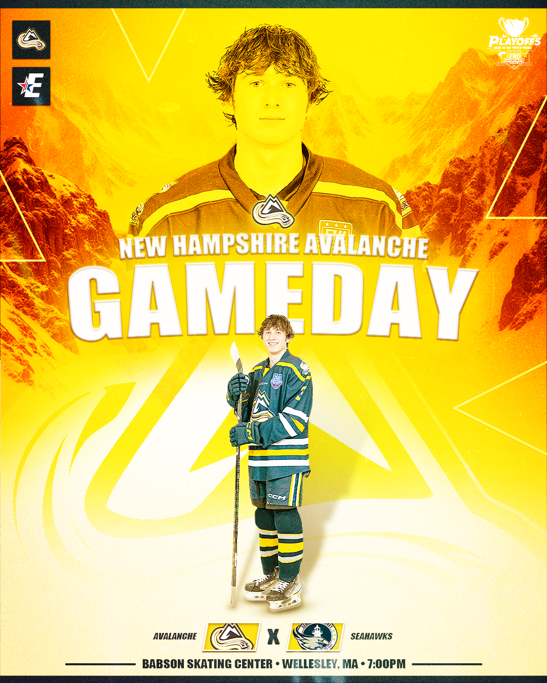 Promotional poster for New Hampshire Avalanche hockey game at Babson Skating Center, Wellesley, Massachusetts, at 7:00 PM. Features a young hockey player in uniform holding a hockey stick, with a mountain landscape background, and game details.