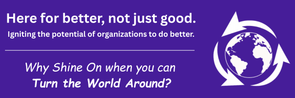 Purple background with white text and a globe icon with arrows, displaying a message about organizations and global change.
