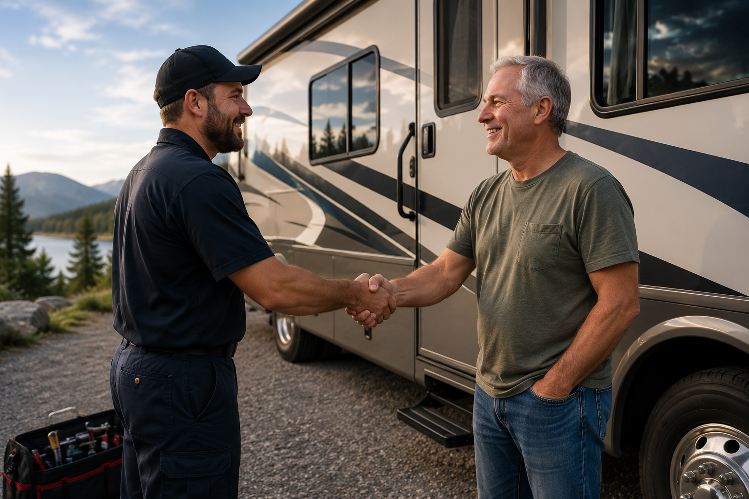 A man in a black uniform shaking hands with an older man in a green t-shirt near an RV in a scenic outdoor area with mountains and trees.