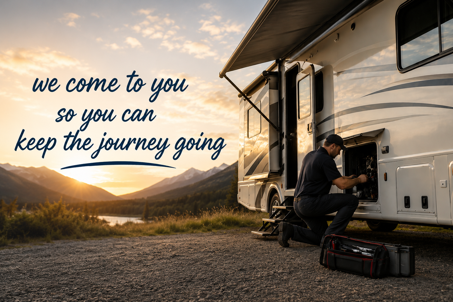 A person working on an RV outdoors during sunset, with a mountain landscape in the background, and an inspirational quote: 'we come to you so you can keep the journey going'.