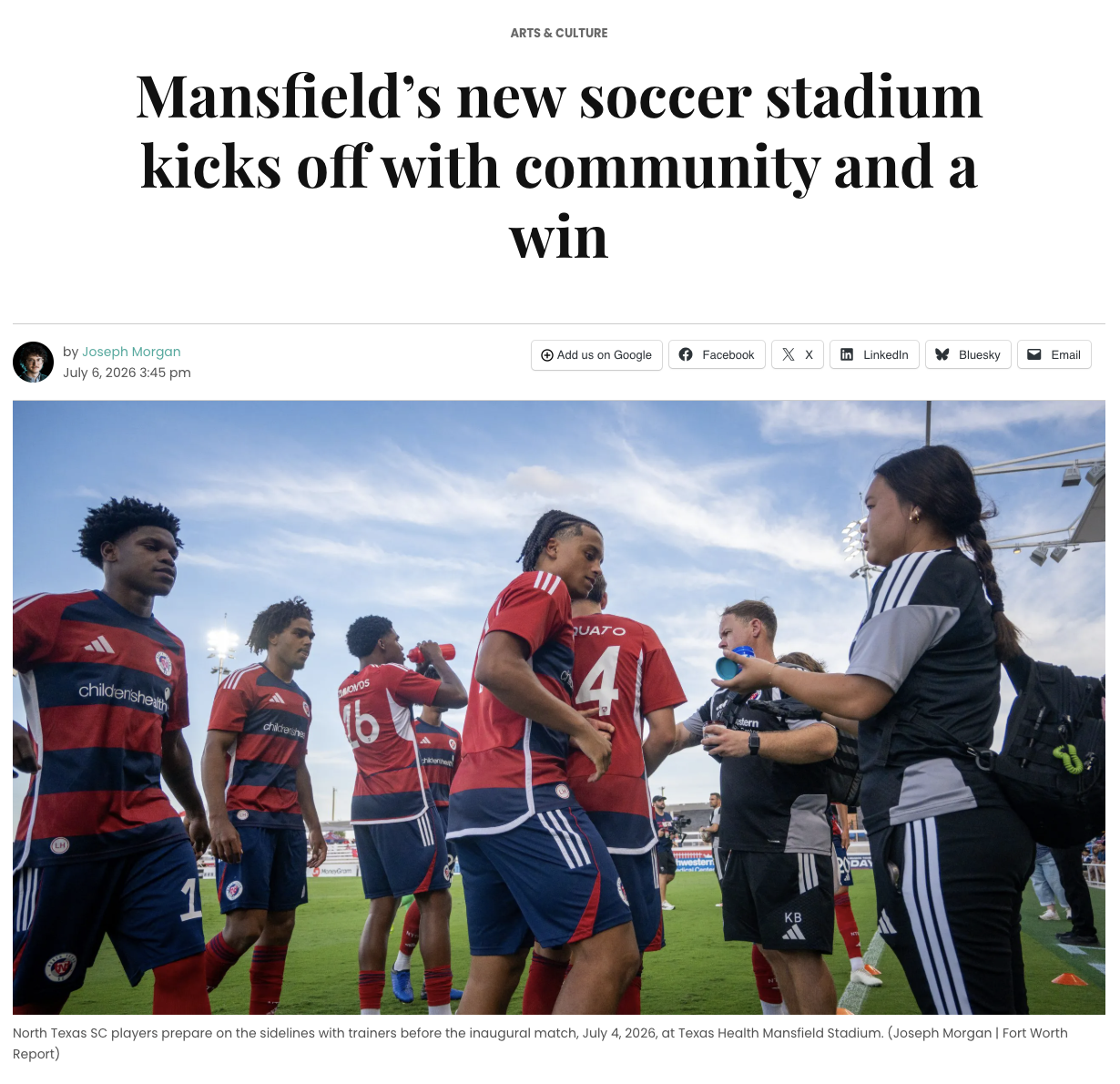 North Texas SC soccer players preparing on the sidelines with trainers before the inaugural match at Texas Health Mansfield Stadium on July 4, 2026.