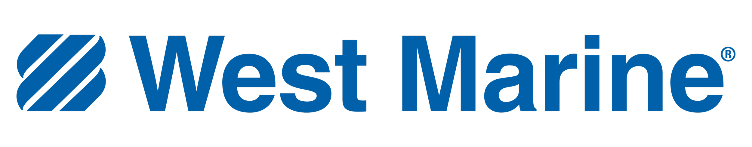 West Marine logo featuring stylized blue wave icon and blue text on black background. Renaissance Market Wilmington.