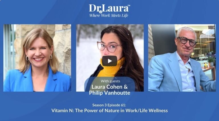 Thumbnail for Dr. Laura podcast episode featuring three guests: a smiling woman with blonde hair in a blue blazer, a woman with glasses and long dark hair in a yellow turtleneck, and an older man with white hair and glasses in a light blue blazer. Title indicates season 3, episode 61 on Vitamin N and nature's role in wellness.
