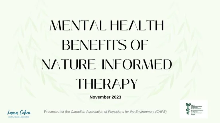 Presentation slide titled 'Mental Health Benefits of Nature-Informed Therapy' from November 2023, with logos of Laura Cohen and CAPE at the bottom.