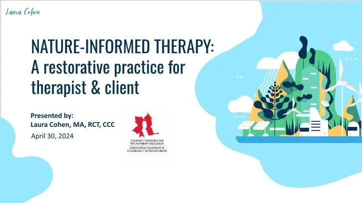 Title slide for a presentation on nature-informed therapy by Laura Cohen, April 30, 2024, with an abstract illustration of mountains, trees, and nature elements.