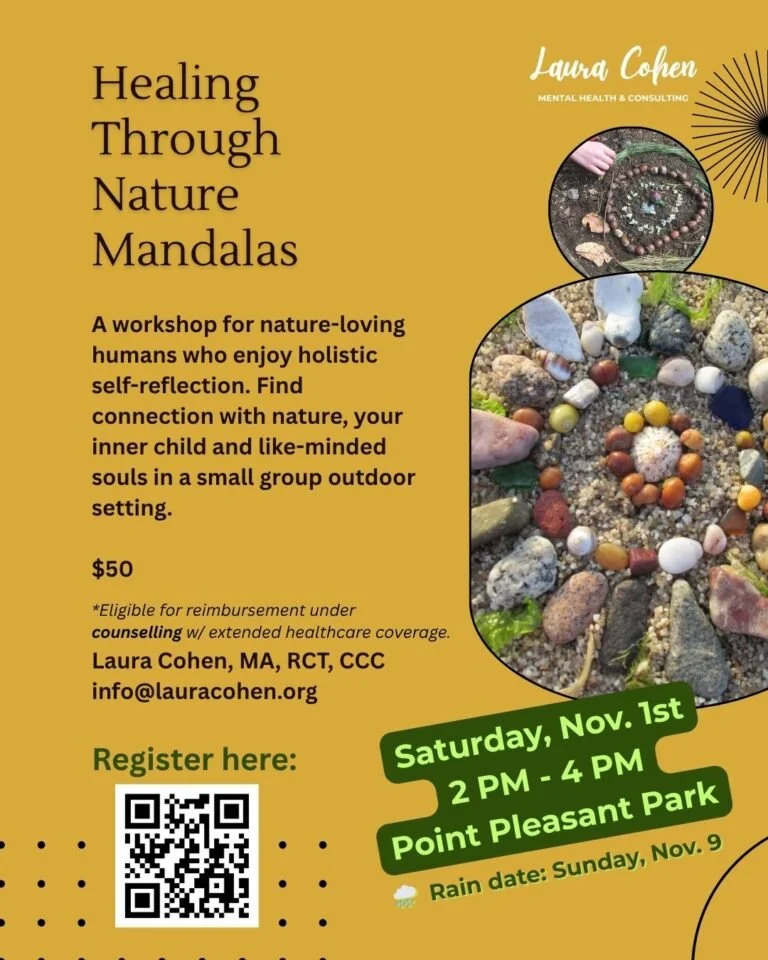 Flyer for a workshop titled 'Healing Through Nature Mandalas' by Laura Cohen, featuring images of nature-themed mandalas made of rocks and beads, with event details including date, time, location, and contact information.