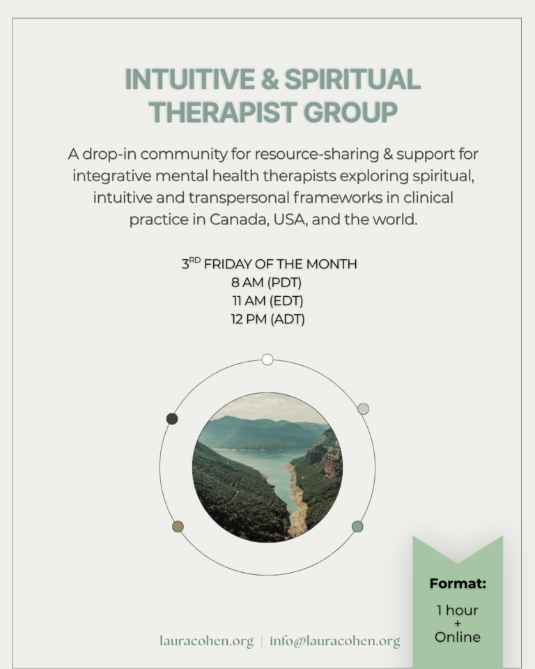 Flyer for an intuitive and spiritual therapist group, describing a monthly drop-in community for resource sharing and support among mental health therapists exploring spiritual, intuitive, and transpersonal frameworks in clinical practice in Canada, USA, and worldwide, with scheduled times on the third Friday of each month, including 8 AM PDT, 11 AM EDT, and 12 PM ADT, featuring a circular graphic with a landscape photo of mountains and a lake.