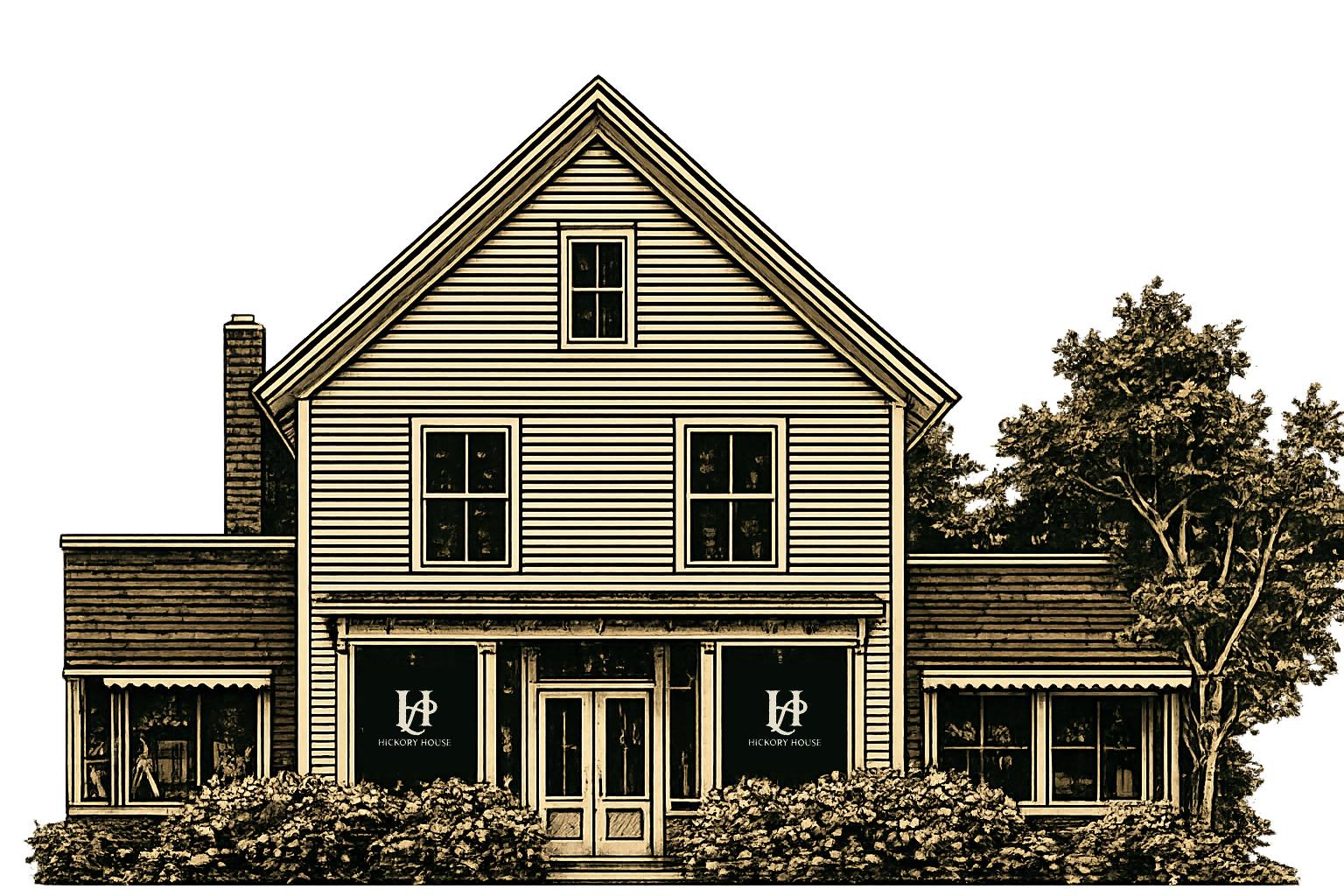 A two-story house with a storefront called Hickory House, featuring large windows, a door, and a sign with the company's logo. There is a tree to the right and bushes in front.