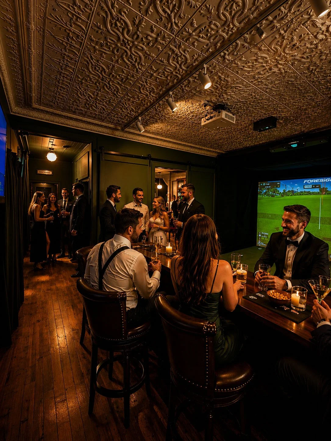 People dressed in formal attire socializing and watching a golf simulation in a dimly lit room with ornate ceiling details.