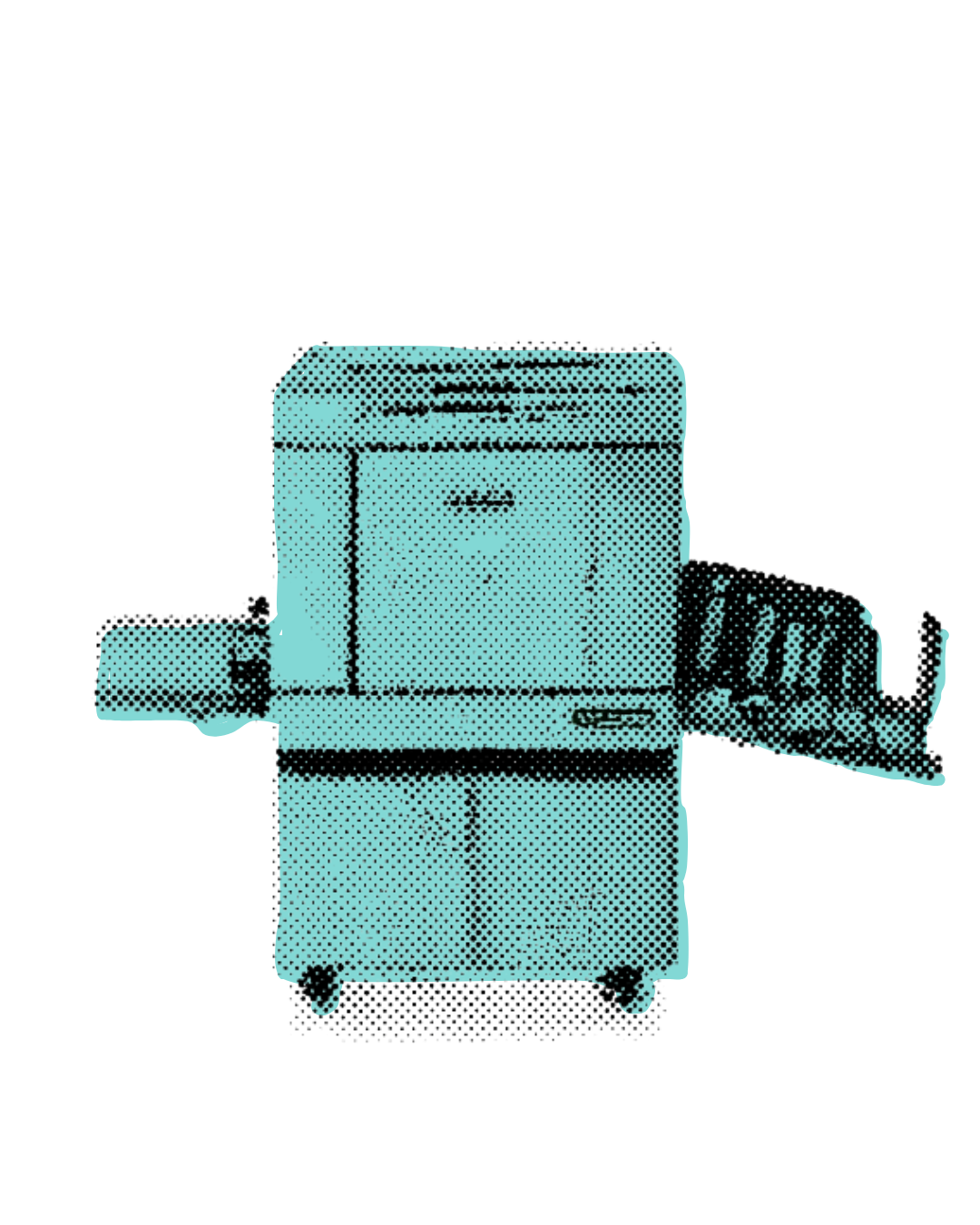 A risograph printing machine depicted in a graphic style in teal and black