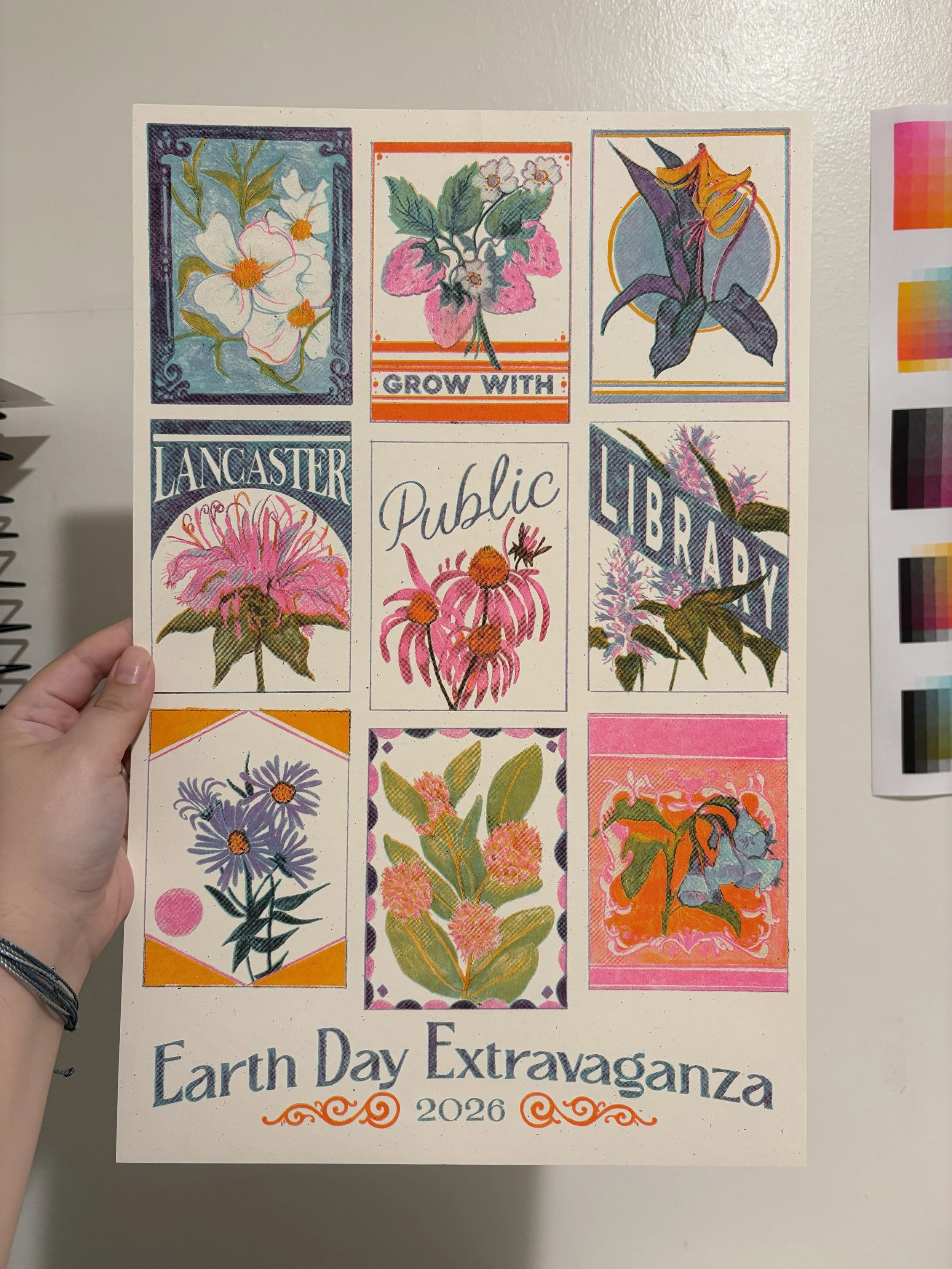 A risograph poster featuring 9 seed packet illustrations in a grid with flowers on them. There is text on some of the seed packets spelling out "Grow With Lancaster Public Library". "Earth Day Extravaganza 2026" is at the bottom of the poster