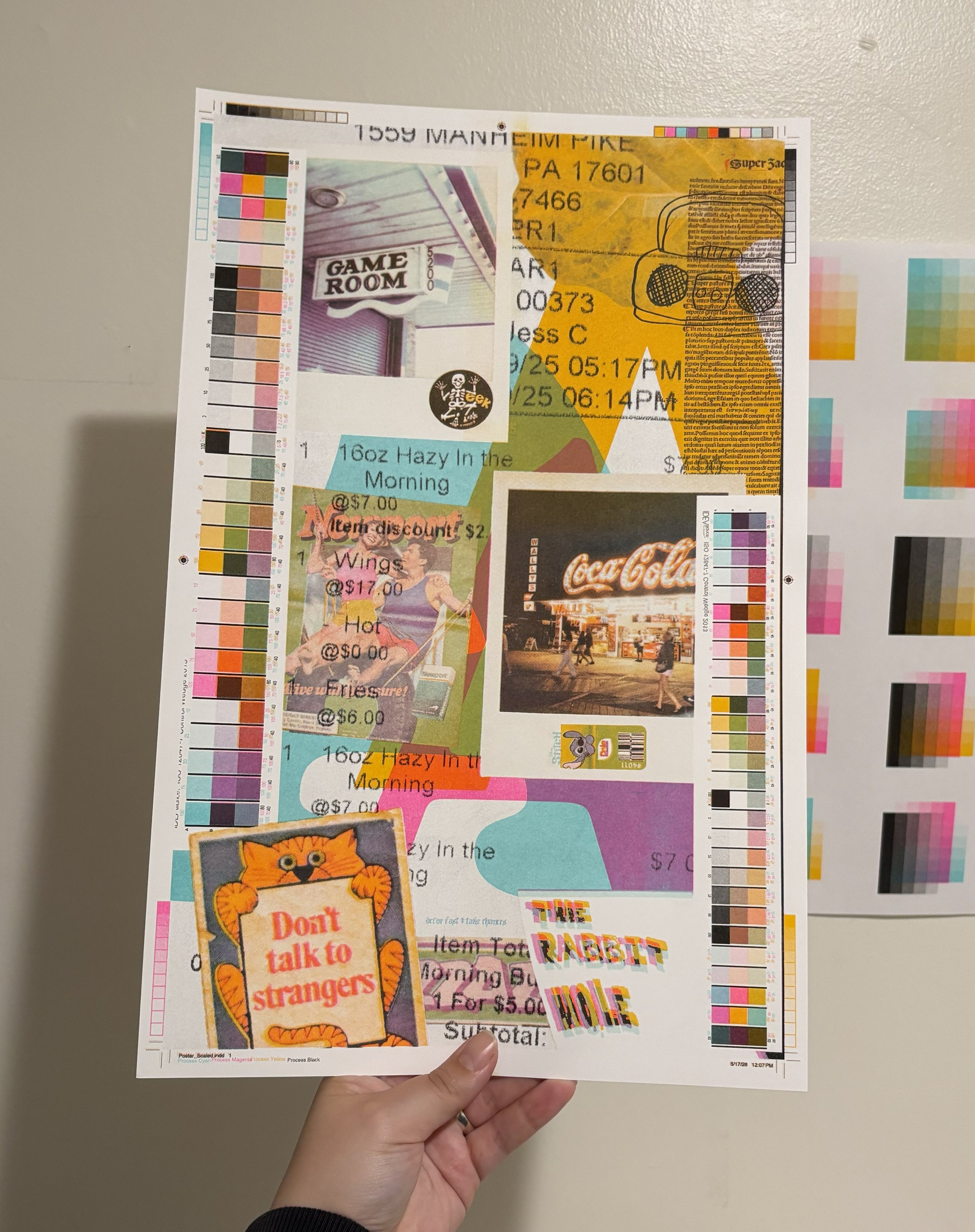 A risograph printed of colorful, overlapping images, text, and color calibration bars
