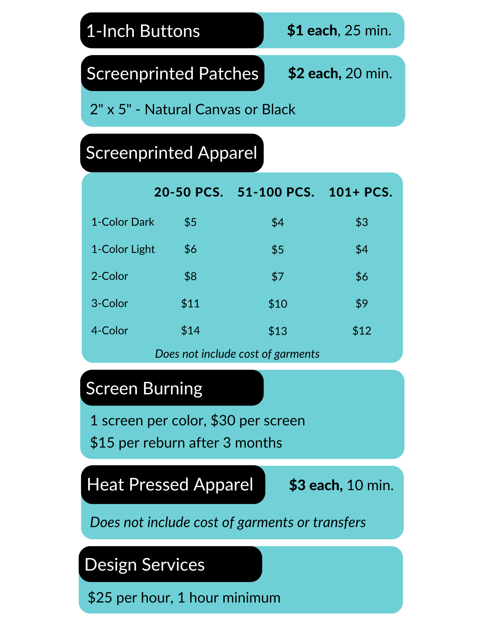 Pricing menu for screen printing and custom apparel services. Items include buttons, patches, apparel, heat press, and design services, with prices, quantities, and options listed.