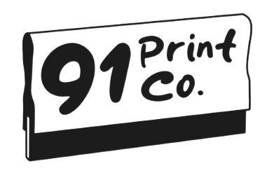 Logo of '91 Print Co.' with stylized black text on graphic of a screen printing squeegee.