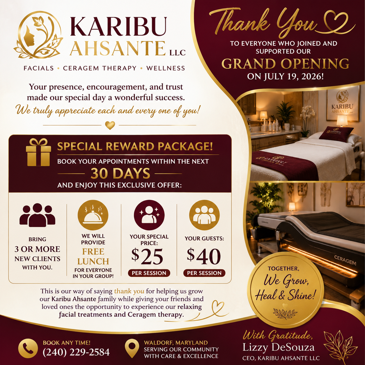 Grand opening announcement for Karibu Ahsante LLC, a facial, Ceragem therapy, and wellness center, featuring images of treatment rooms, special promotional offers, and contact information.