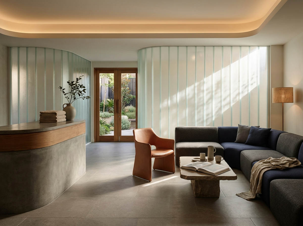 Modern living room with a curved concrete and wood reception desk, glass door leading to a garden, and a sectional sofa with pillows. A leather chair and a stone coffee table with a book and cups are also visible, with sunlight streaming in.