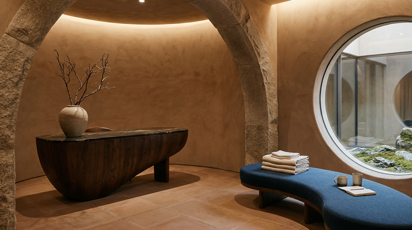 Interior of a room with a large circular window showing a garden with moss and rocks, a blue lounge chair with towels and books on it, a dark wooden table with a vase and branches, and stone and plaster walls with soft lighting.
