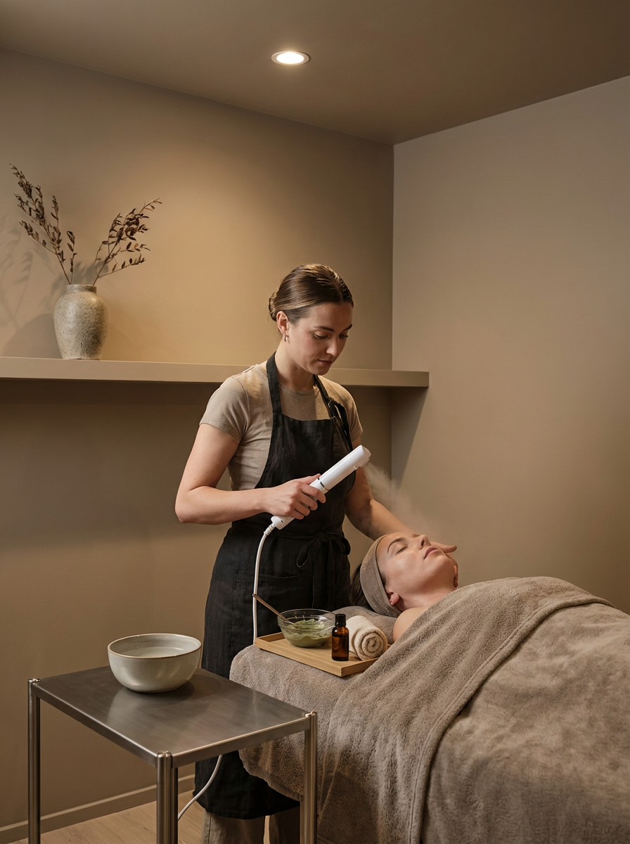 A client receiving a facial treatment from a professional at a spa , with steam or mist being applied to her face.