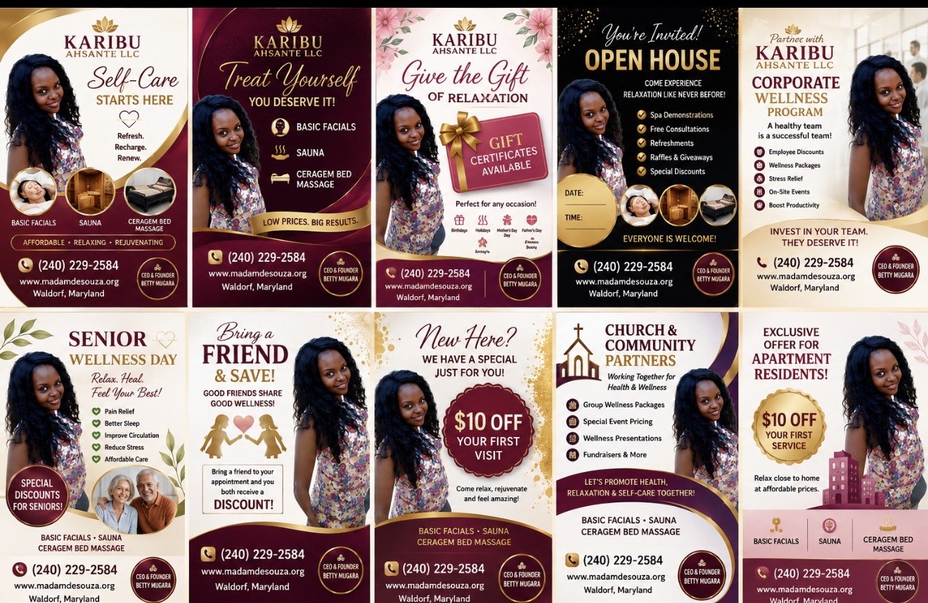 A collection of promotional flyers for Karibu Ahsante LLC, featuring woman with long dark curly hair and a colorful blouse, advertising services such as self-care, facials, massage, relaxation, wellness day, friendship discounts, church and community partnerships, and apartment resident offers. Contact info and location in Waldorf, Maryland.
