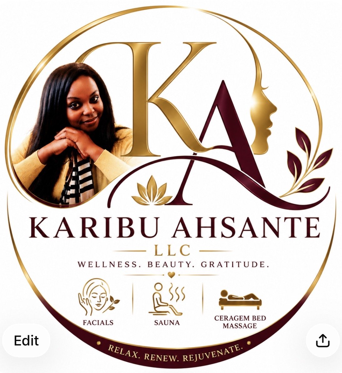Logo for Karibu Ahsante LLC featuring a photo of a woman with long dark hair, gold and burgundy design elements, and icons for facials, sauna, and massage with the text "Wellness, Beauty, Gratitude" and the slogan "Relax. Renew. Rejuvenate."