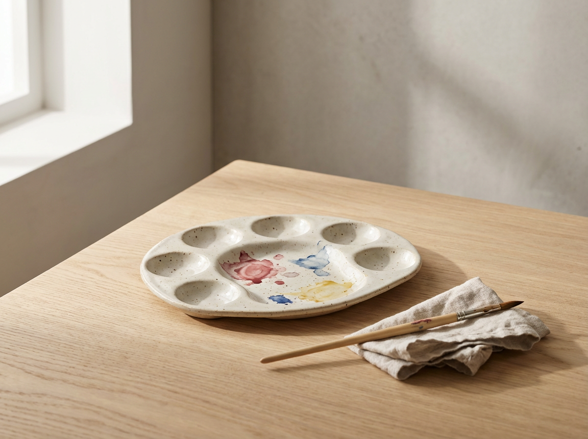 An empty artist's paint palette with paint splotches, a paintbrush resting on a cloth, on a wooden table near a window