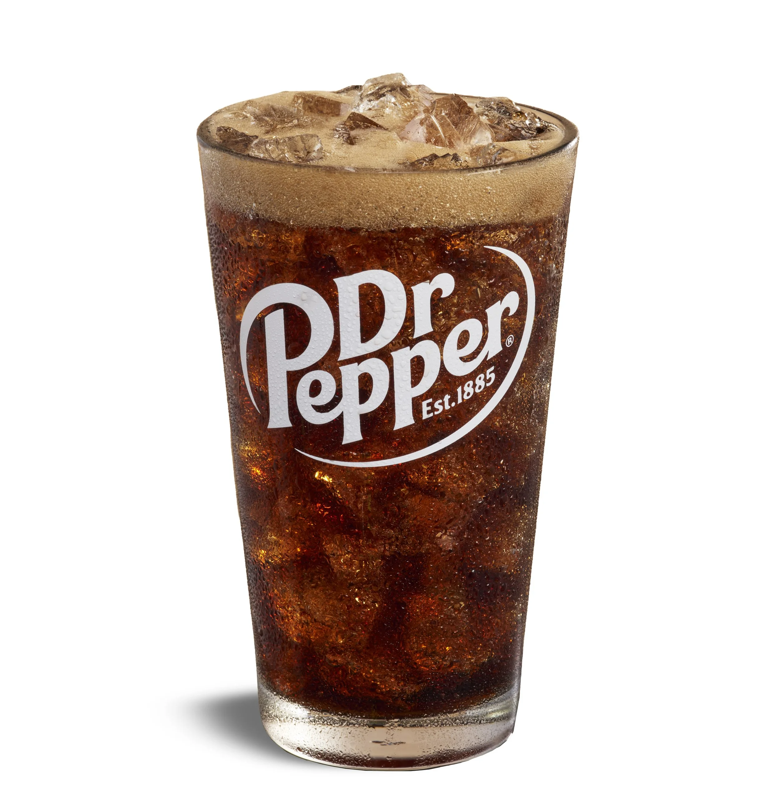 A glass of Coca-Cola with ice cubes and condensation on the outside of the glass.